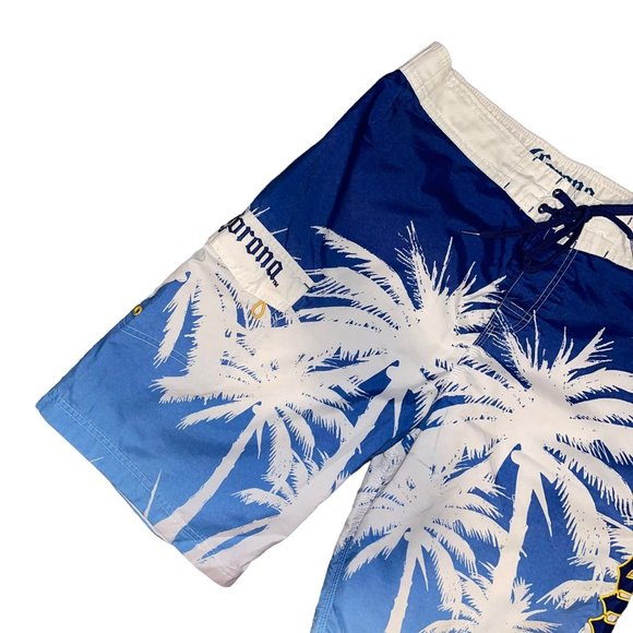 Corona Extra Cargo Board Shorts Mens M Palm Tree Logo Colorful Swimwear Blue - Picture 2 of 7